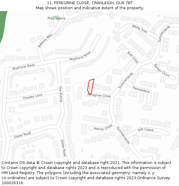 11, PEREGRINE CLOSE, CRANLEIGH, GU6 7BT: Location map and indicative extent of plot