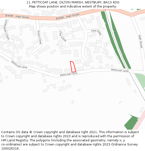 11, PETTICOAT LANE, DILTON MARSH, WESTBURY, BA13 4DG: Location map and indicative extent of plot
