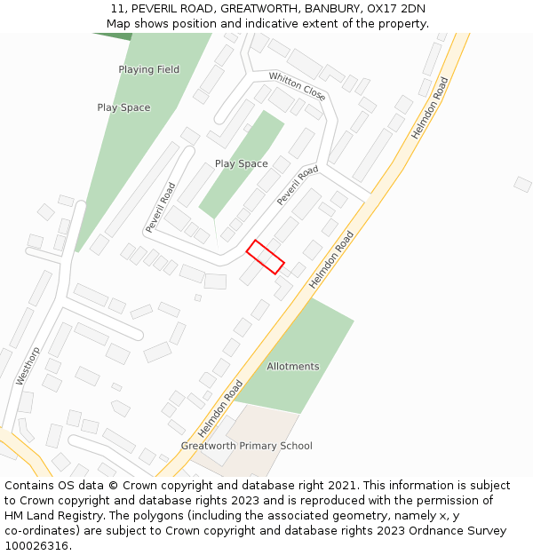 11, PEVERIL ROAD, GREATWORTH, BANBURY, OX17 2DN: Location map and indicative extent of plot