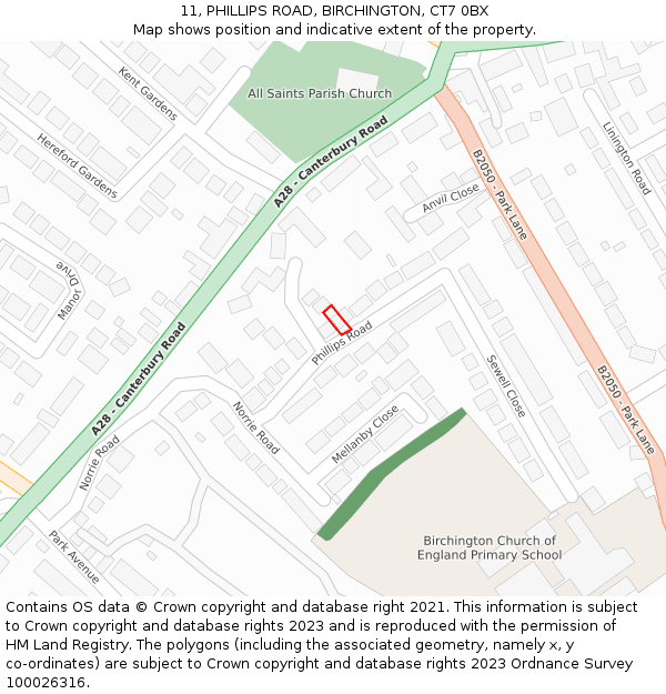 11, PHILLIPS ROAD, BIRCHINGTON, CT7 0BX: Location map and indicative extent of plot