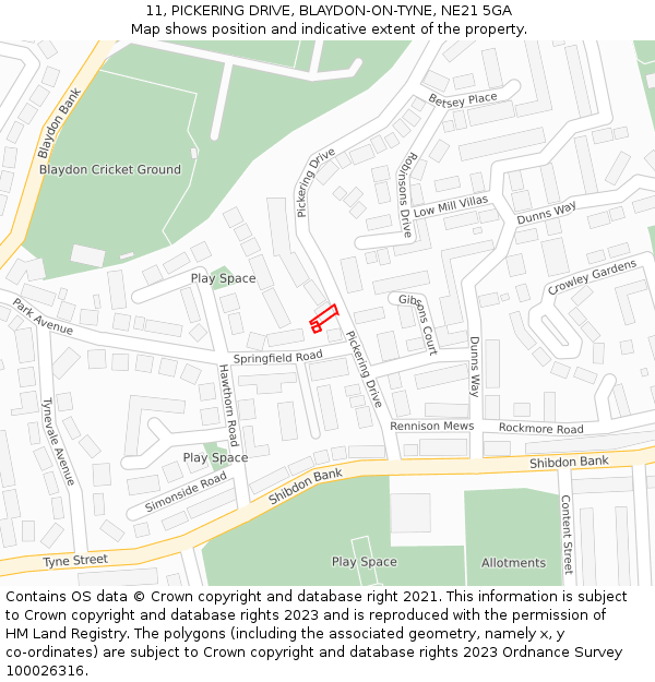 11, PICKERING DRIVE, BLAYDON-ON-TYNE, NE21 5GA: Location map and indicative extent of plot