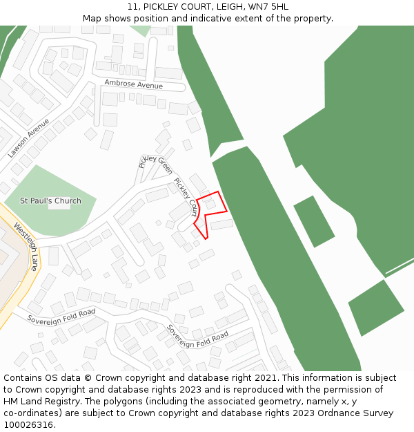 11, PICKLEY COURT, LEIGH, WN7 5HL: Location map and indicative extent of plot