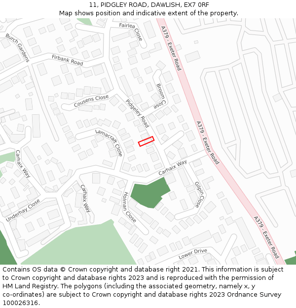 11, PIDGLEY ROAD, DAWLISH, EX7 0RF: Location map and indicative extent of plot