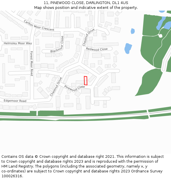 11, PINEWOOD CLOSE, DARLINGTON, DL1 4US: Location map and indicative extent of plot