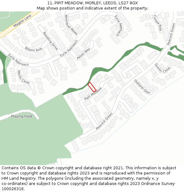 11, PIPIT MEADOW, MORLEY, LEEDS, LS27 8GX: Location map and indicative extent of plot