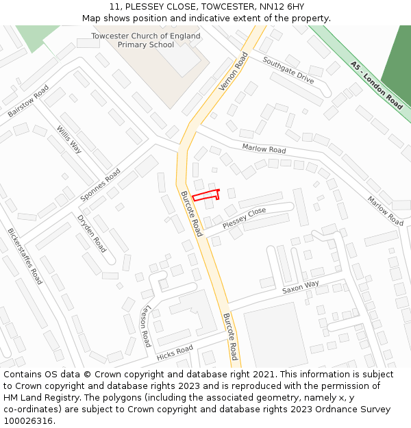 11, PLESSEY CLOSE, TOWCESTER, NN12 6HY: Location map and indicative extent of plot