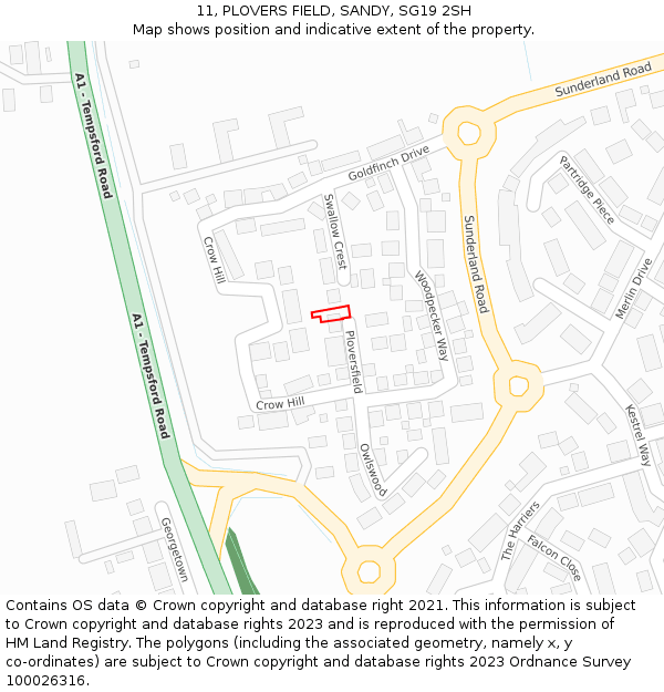 11, PLOVERS FIELD, SANDY, SG19 2SH: Location map and indicative extent of plot