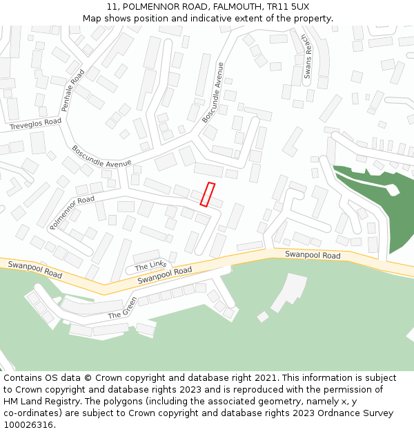 11, POLMENNOR ROAD, FALMOUTH, TR11 5UX: Location map and indicative extent of plot