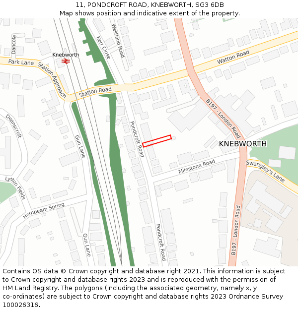 11, PONDCROFT ROAD, KNEBWORTH, SG3 6DB: Location map and indicative extent of plot