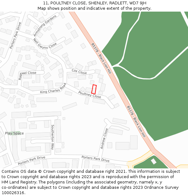 11, POULTNEY CLOSE, SHENLEY, RADLETT, WD7 9JH: Location map and indicative extent of plot