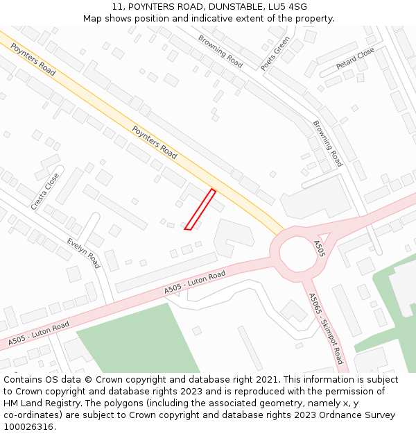 11, POYNTERS ROAD, DUNSTABLE, LU5 4SG: Location map and indicative extent of plot