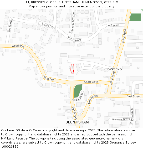 11, PRESSES CLOSE, BLUNTISHAM, HUNTINGDON, PE28 3LX: Location map and indicative extent of plot