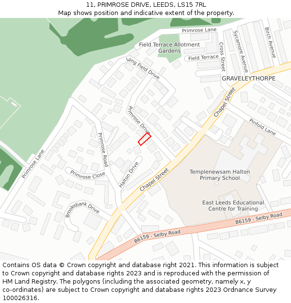 11, PRIMROSE DRIVE, LEEDS, LS15 7RL: Location map and indicative extent of plot