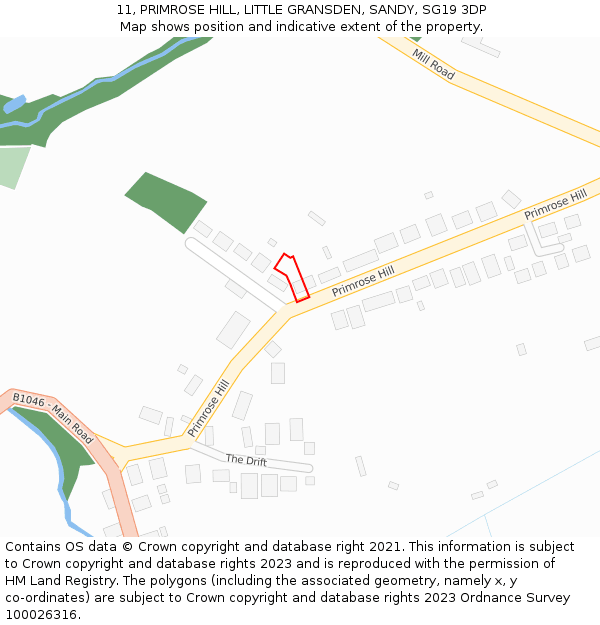 11, PRIMROSE HILL, LITTLE GRANSDEN, SANDY, SG19 3DP: Location map and indicative extent of plot