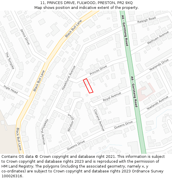 11, PRINCES DRIVE, FULWOOD, PRESTON, PR2 9XQ: Location map and indicative extent of plot