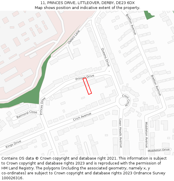 11, PRINCES DRIVE, LITTLEOVER, DERBY, DE23 6DX: Location map and indicative extent of plot