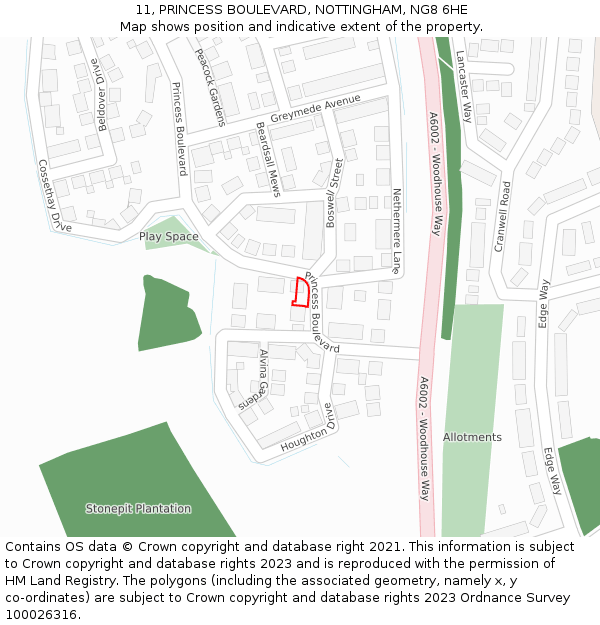 11, PRINCESS BOULEVARD, NOTTINGHAM, NG8 6HE: Location map and indicative extent of plot