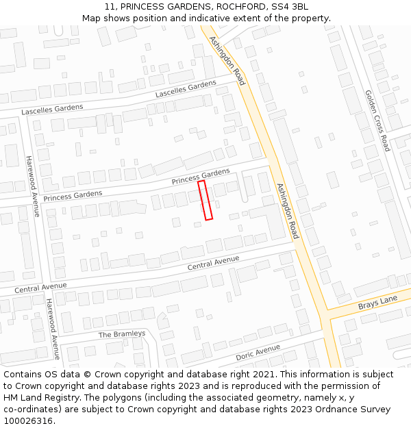 11, PRINCESS GARDENS, ROCHFORD, SS4 3BL: Location map and indicative extent of plot