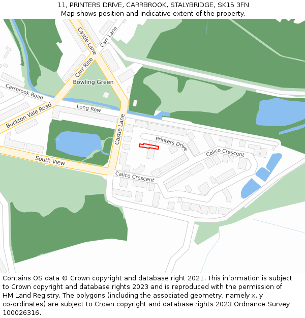 11, PRINTERS DRIVE, CARRBROOK, STALYBRIDGE, SK15 3FN: Location map and indicative extent of plot