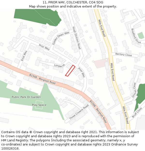 11, PRIOR WAY, COLCHESTER, CO4 5DG: Location map and indicative extent of plot