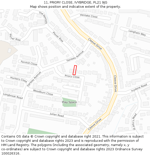 11, PRIORY CLOSE, IVYBRIDGE, PL21 9JG: Location map and indicative extent of plot