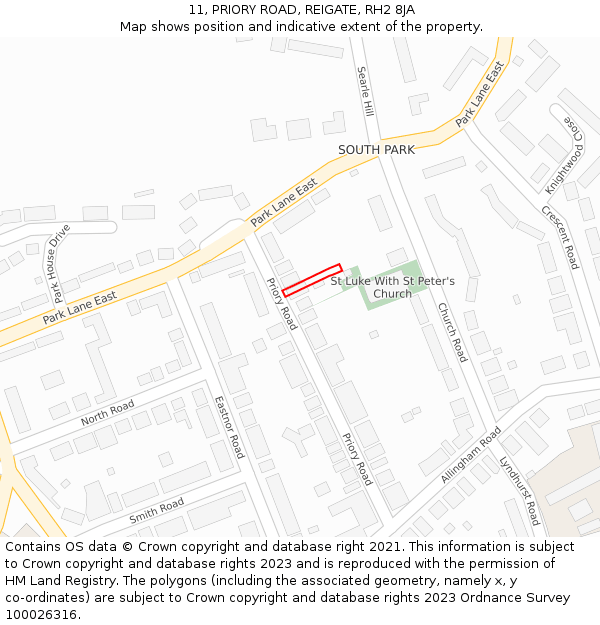 11, PRIORY ROAD, REIGATE, RH2 8JA: Location map and indicative extent of plot