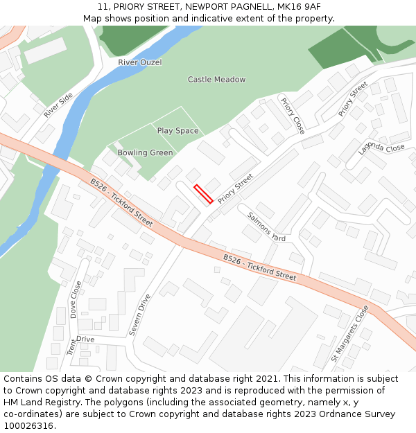 11, PRIORY STREET, NEWPORT PAGNELL, MK16 9AF: Location map and indicative extent of plot