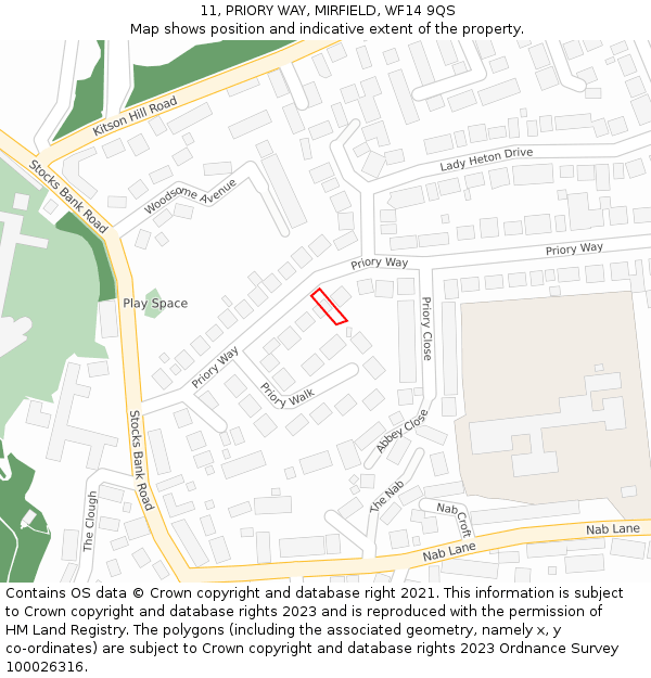 11, PRIORY WAY, MIRFIELD, WF14 9QS: Location map and indicative extent of plot