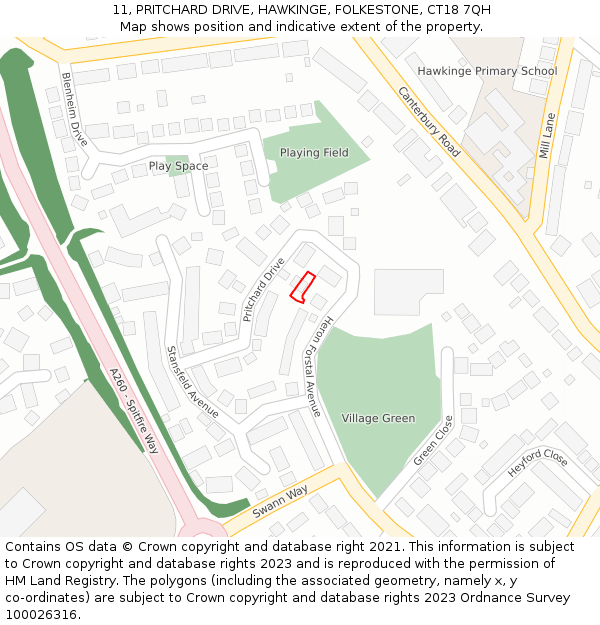 11, PRITCHARD DRIVE, HAWKINGE, FOLKESTONE, CT18 7QH: Location map and indicative extent of plot