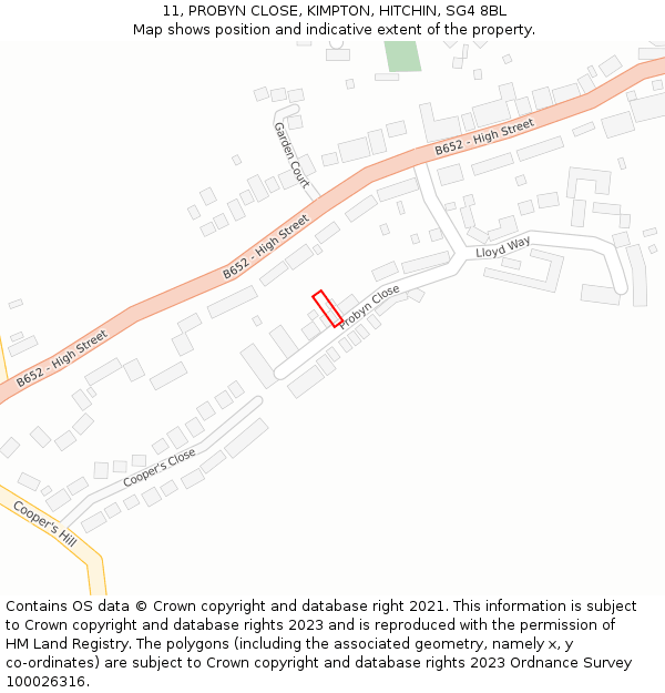 11, PROBYN CLOSE, KIMPTON, HITCHIN, SG4 8BL: Location map and indicative extent of plot