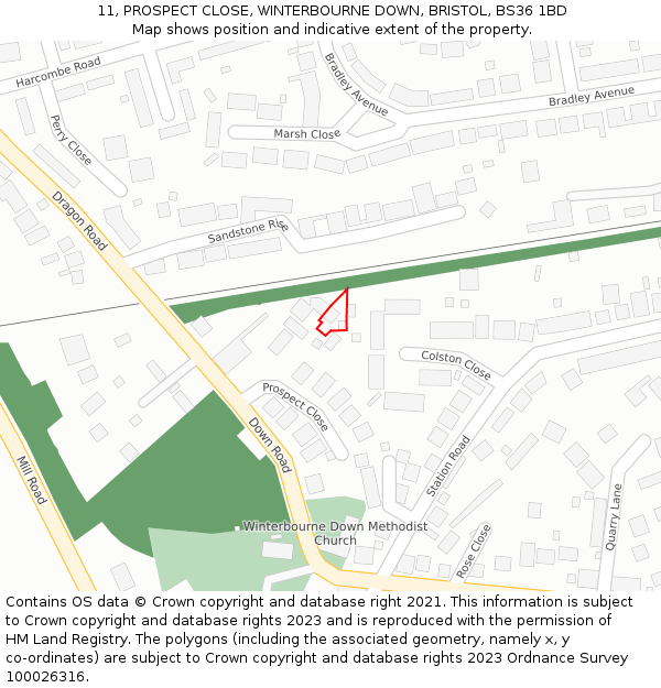 11, PROSPECT CLOSE, WINTERBOURNE DOWN, BRISTOL, BS36 1BD: Location map and indicative extent of plot