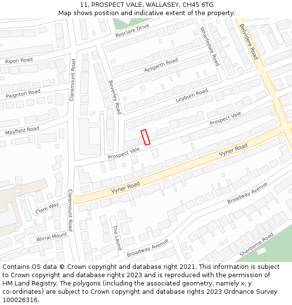 11, PROSPECT VALE, WALLASEY, CH45 6TG: Location map and indicative extent of plot