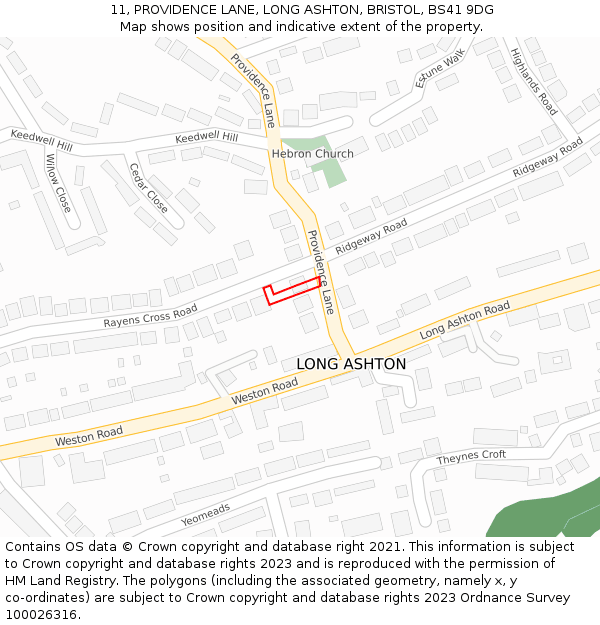 11, PROVIDENCE LANE, LONG ASHTON, BRISTOL, BS41 9DG: Location map and indicative extent of plot
