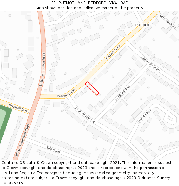 11, PUTNOE LANE, BEDFORD, MK41 9AD: Location map and indicative extent of plot