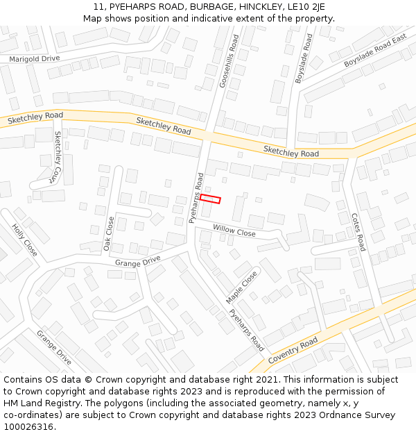 11, PYEHARPS ROAD, BURBAGE, HINCKLEY, LE10 2JE: Location map and indicative extent of plot