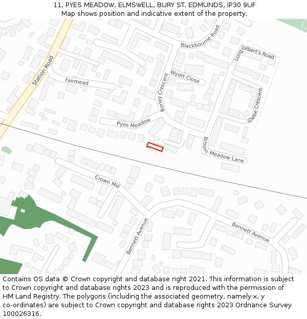 11, PYES MEADOW, ELMSWELL, BURY ST. EDMUNDS, IP30 9UF: Location map and indicative extent of plot