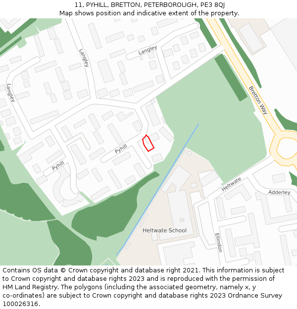 11, PYHILL, BRETTON, PETERBOROUGH, PE3 8QJ: Location map and indicative extent of plot