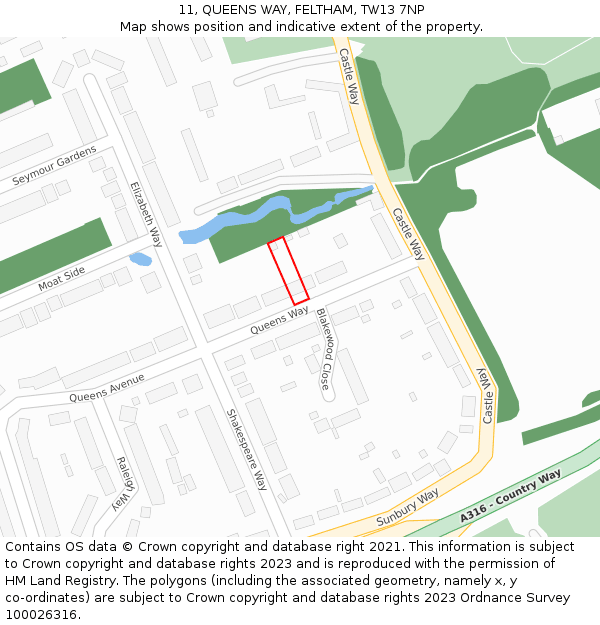 11, QUEENS WAY, FELTHAM, TW13 7NP: Location map and indicative extent of plot