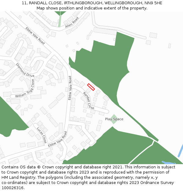 11, RANDALL CLOSE, IRTHLINGBOROUGH, WELLINGBOROUGH, NN9 5HE: Location map and indicative extent of plot