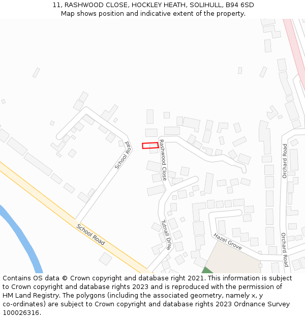 11, RASHWOOD CLOSE, HOCKLEY HEATH, SOLIHULL, B94 6SD: Location map and indicative extent of plot