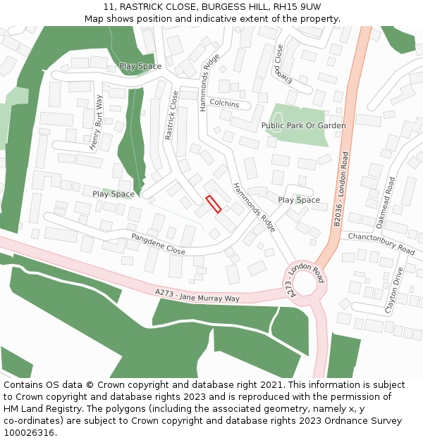 11, RASTRICK CLOSE, BURGESS HILL, RH15 9UW: Location map and indicative extent of plot