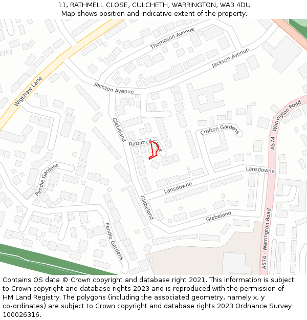 11, RATHMELL CLOSE, CULCHETH, WARRINGTON, WA3 4DU: Location map and indicative extent of plot