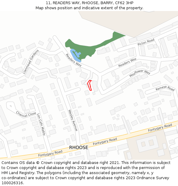 11, READERS WAY, RHOOSE, BARRY, CF62 3HP: Location map and indicative extent of plot