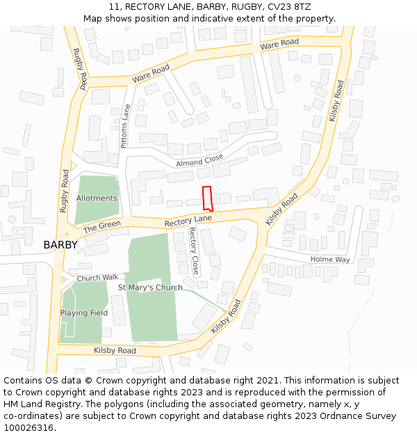 11, RECTORY LANE, BARBY, RUGBY, CV23 8TZ: Location map and indicative extent of plot