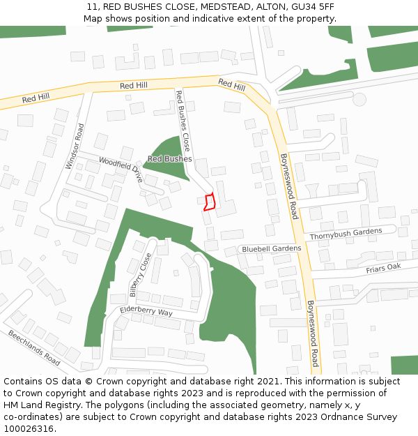 11, RED BUSHES CLOSE, MEDSTEAD, ALTON, GU34 5FF: Location map and indicative extent of plot