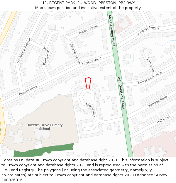 11, REGENT PARK, FULWOOD, PRESTON, PR2 9WX: Location map and indicative extent of plot