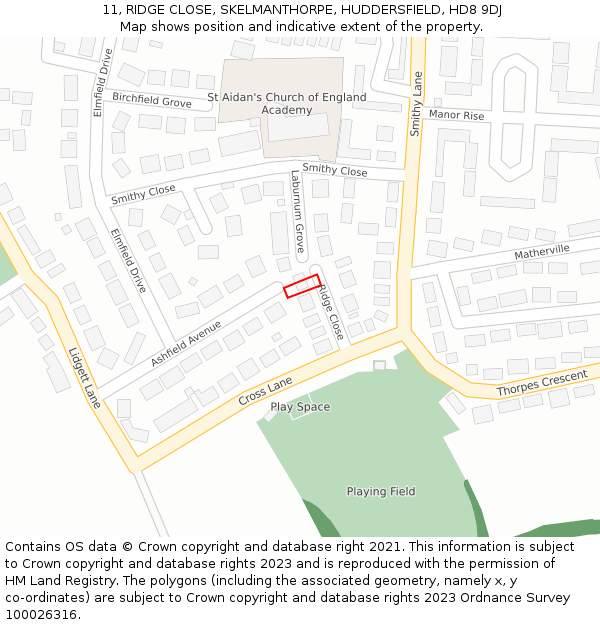 11, RIDGE CLOSE, SKELMANTHORPE, HUDDERSFIELD, HD8 9DJ: Location map and indicative extent of plot