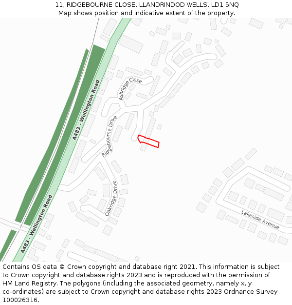 11, RIDGEBOURNE CLOSE, LLANDRINDOD WELLS, LD1 5NQ: Location map and indicative extent of plot