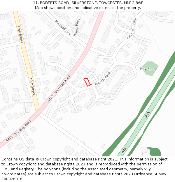 11, ROBERTS ROAD, SILVERSTONE, TOWCESTER, NN12 8WF: Location map and indicative extent of plot