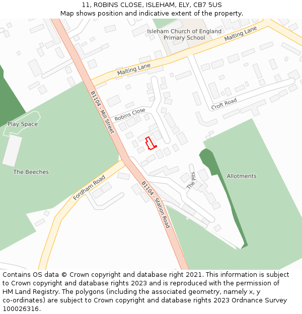 11, ROBINS CLOSE, ISLEHAM, ELY, CB7 5US: Location map and indicative extent of plot